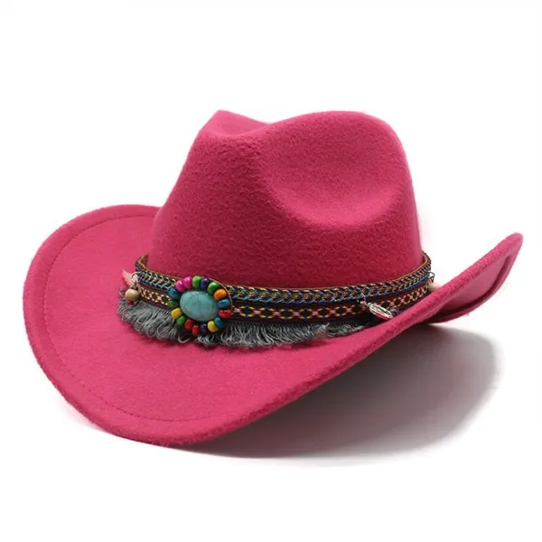 Pink Western Cowboy, Cowgirl Hat, Bead‎ Tassle Strap, Men Women Retro Wide Brim - Image 2