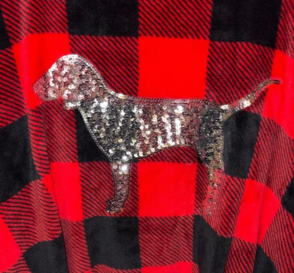 red and black buffalo plaid plush hooded robe from Victoria's Secret PINK featuring a large silver sequin dog logo on the back - Image 3