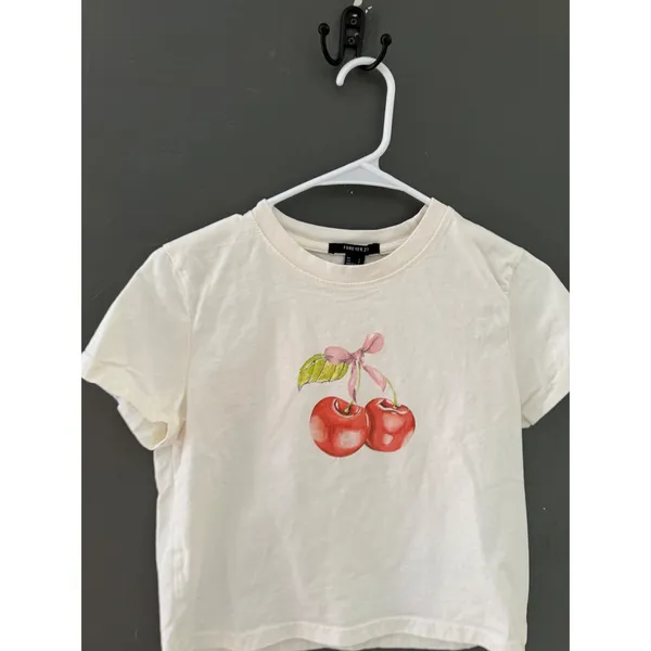 Forever 21 Y2k Womens Cherry Bow Graphic Cropped Baby Tee Cream Small - Image 2