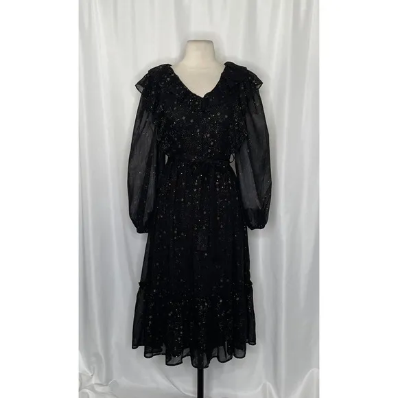BY THE RIVER Chiffon Midi Dress Ruffled Black Gold Stars Party Glam Star Small‎ - Image 2