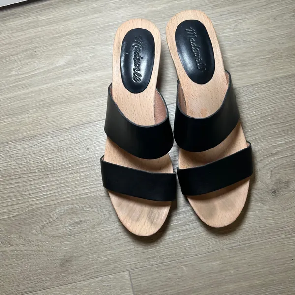 Madewell Black Leather Two-Strap Wooden Block Heel Clog Sandals Size 8 minimal - Image 2