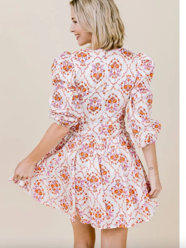 LaRoque Floral V-Neck Dress in White with Pink & Orange Print | Printed - Image 2