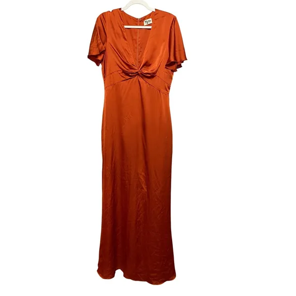 Show Me‎ Your Mumu Rome Twist Gown Burst Orange Satin V Neck Maxi Dress sz L - Image 3