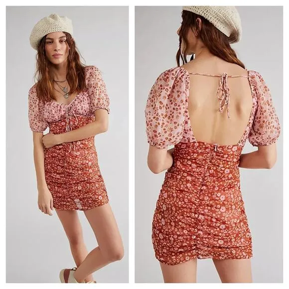 [Free People] Tessa Floral Puff Sleeve Ruched Open Back Mini Dress Size Large L - Image 2