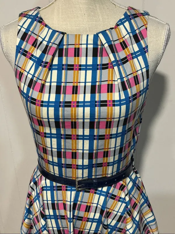 Closet Multicolor Plaid Midi Dress with Blue Belt - Image 2