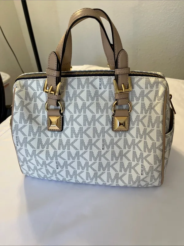 Michael Kors White & Beige Logo Satchel with Gold Hardware - Image 4