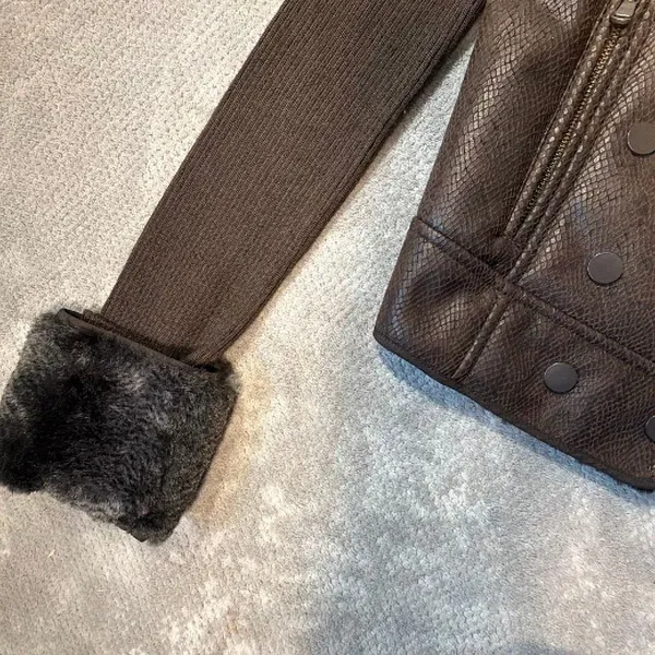 Cache Brown Faux Fur Trim Moto Jacket Size S Wool Blend Rib Knit Snakeskin Textu - Image 5