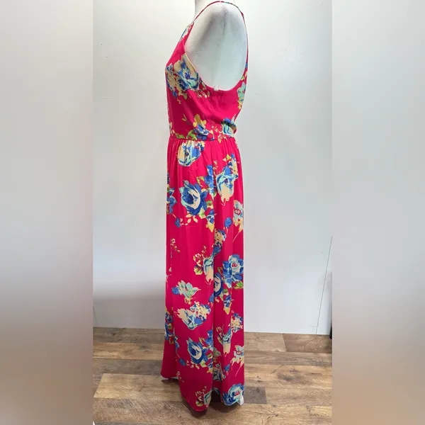 Everly Hot Pink Floral Halter Neckline Maxi Sundress Pleated Skirt Boho Vacation Party - Image 5