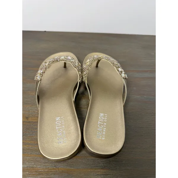 Kenneth Cole Reaction Glam-athon Beaded‎ Thong Sandals Gold Size 6.5 New - Image 8