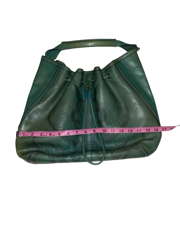 Y2K Vintage Cole Haan Teal Leather Drawstring brass studded Hobo Bag Boho fairy - Image 11