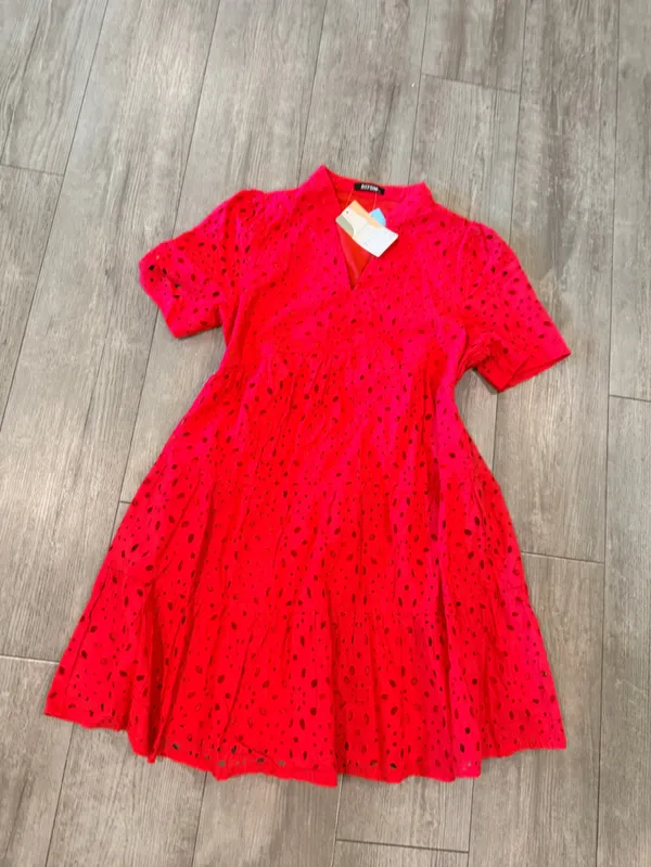 V-Neck Red Eyelet Tiered Mini Dress - Image 4