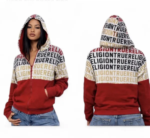 True Religion Y2K Hoodie Women XL Full Zip Logo AOP Streetwear Red Gold Graphic - Image 2