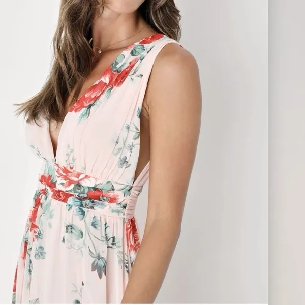 NWT Lulus Peach Pink Garden Meandering Blush Floral Chiffon Maxi Dress MEDIUM‎ - Image 2