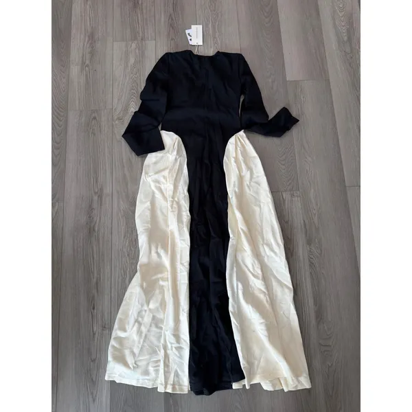 Commense Elegant Contrast Black Cream V-Neck Panel Pleated Long Sleeve Maxi XS - Image 5