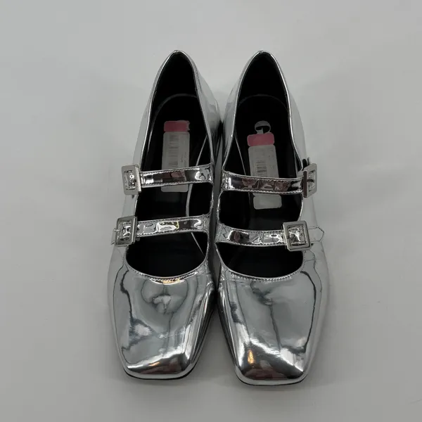 GB Silver‎ Metallic Double Strap Mary Jane Square Toe Block Heel Shoes Size 11 - Image 2