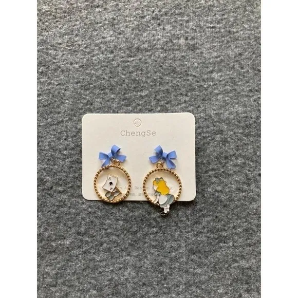 Alice in Wonderland‎ Asymmetric Enamel Hoop Earrings Blue Bow Ace of Hearts - Image 5