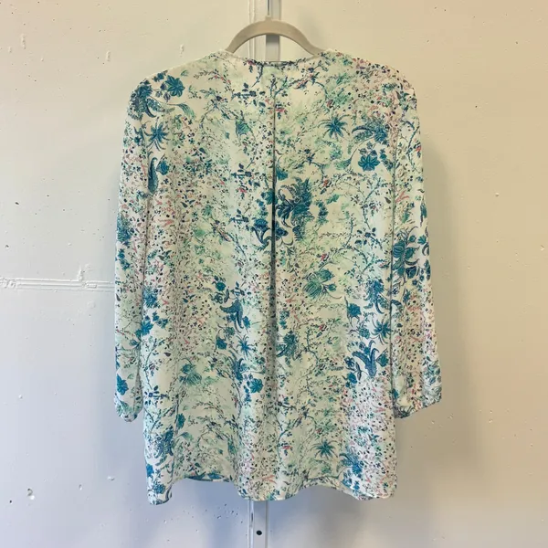 Tahari Cottagecore Floral Paisley Lace Up Tassel Blouse Blue Teal White Boho - Image 2
