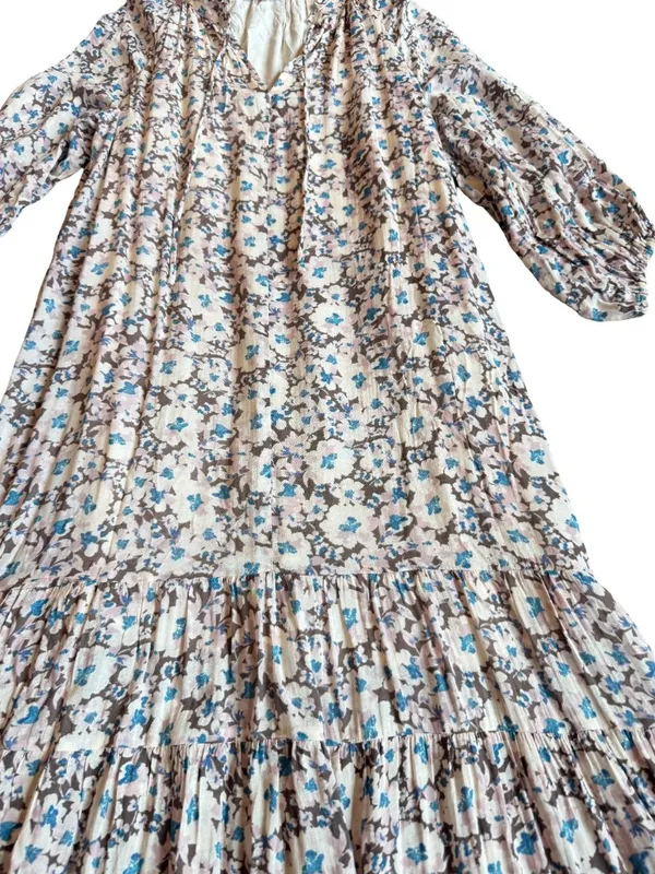 Z Supply Ivory Blue Floral Tiered Maxi Dress Long Sleeve Bohemian Small Women's - Image 5