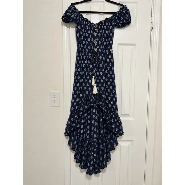 Vintage Havana Navy Floral Off Shoulder Ruffle High Low Maxi Dress Small Boho - Image 2