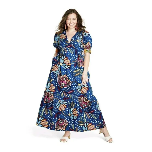 Tabitha Brown Size 0 Dress Maxi Mixed Floral Polka Dot Print Puff Sleeve - Image 2