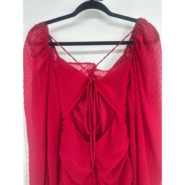 Lucy In The Sky Mini Dress S Red Ruched Swiss Dot Open Back Sexy Party Romantic - Image 9
