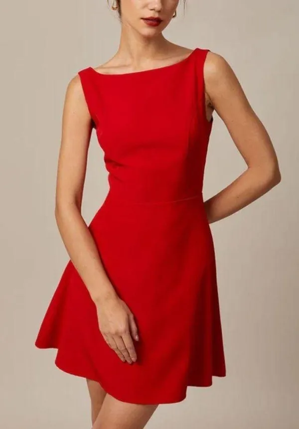 Rihoas Red Boat Neck High Waisted Mini Dress - Image 2