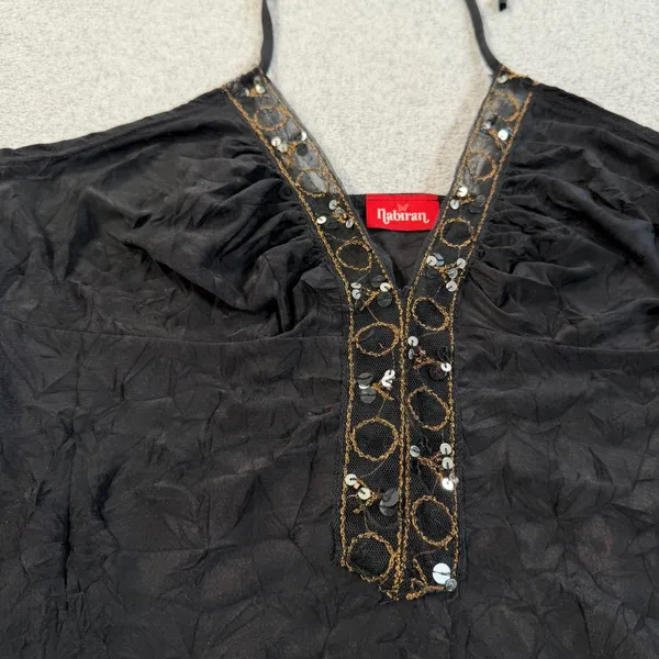 Nabiran Y2k Women's Small Black Halter Top Sequined Beaded Crinkle Tank Blouse - Image 2