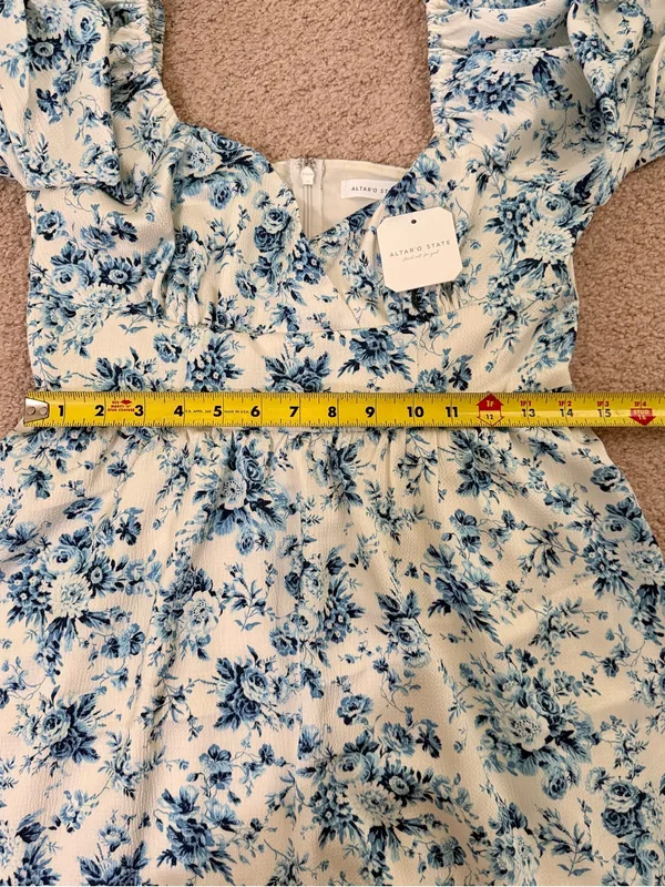 Altar’d State NWT Blue Floral Puff Sleeve Babydoll Mini Dress Medium Cottagecore - Image 6