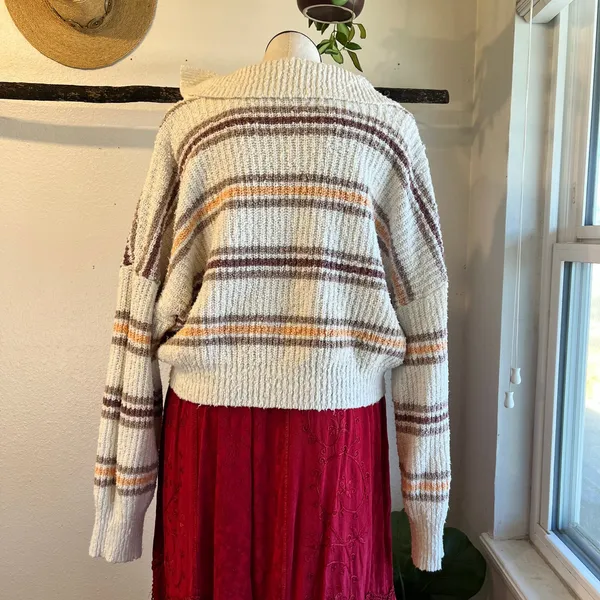 Free People Kennedy Striped Collared Cropped Chunky Knit Sweater Size Large - Image 5