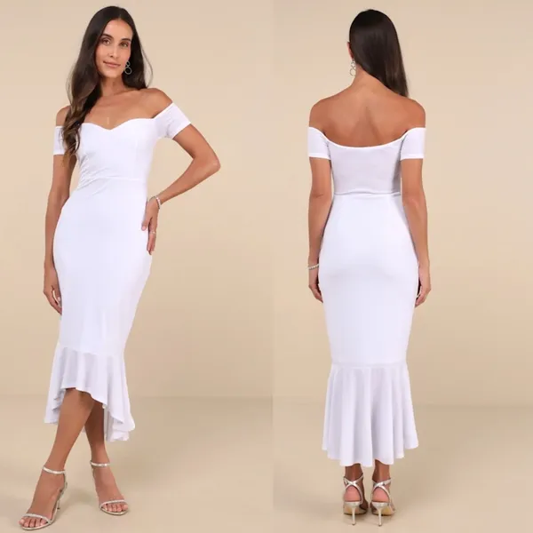 NWT Lulus How Much I Care White Velvet Off-the-Shoulder Midi Dress Hi Low Sz XL - Image 2