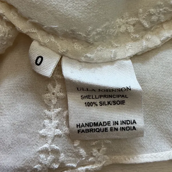 Ulla Johnson Ivory 100% Silk Embroidered Ruffle Tie Neck Blouse Top Size 0 - Image 5