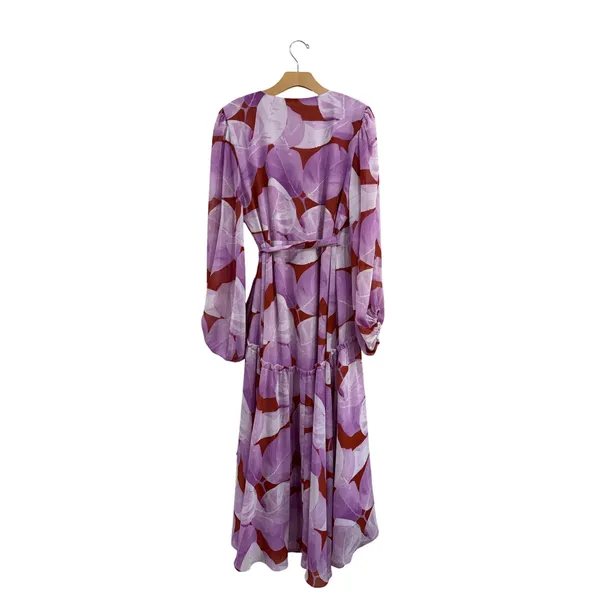Hutch Purple Red Botanical Leaf Print Wrap Maxi Dress Long Balloon‎ Sleeve L - Image 4