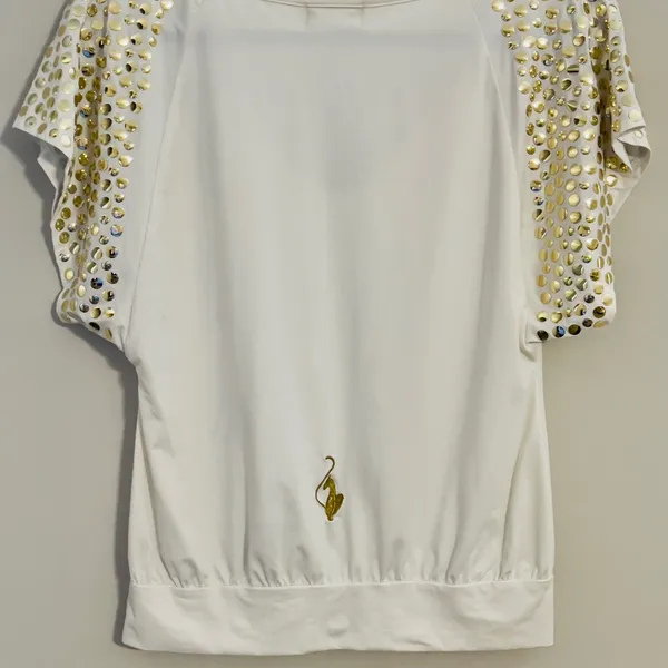 Vintage Baby Phat Y2k white top with gold stud embellished flutter sleeves - Image 7