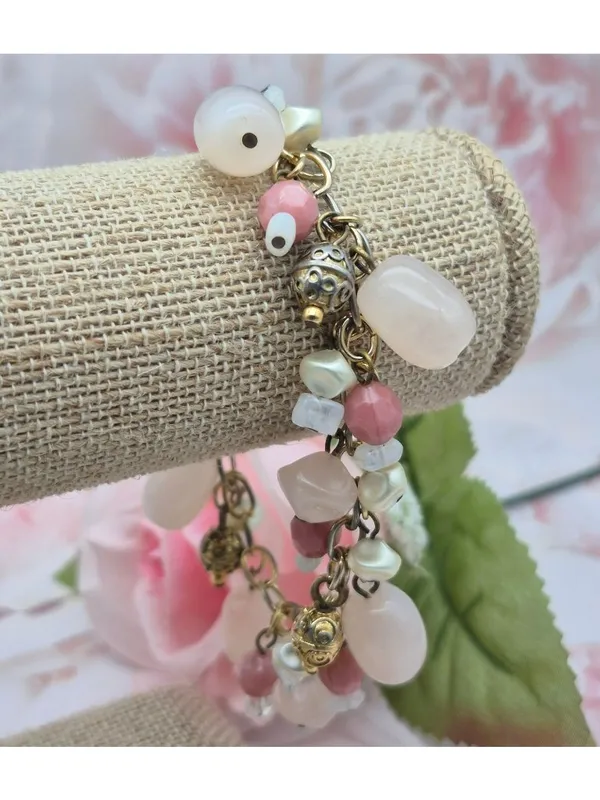 Premier Designs Dangle Charm Bead Bracelet Pink & White Accents Gold-Tone Chain - Image 5