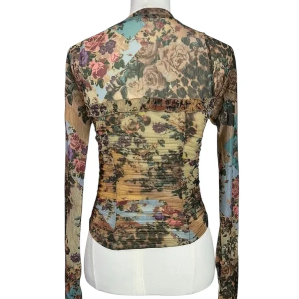 Free People Dainty Retro 90s Ariana Long Sleeve Ruched Top Taupe Combo Medium - Image 6