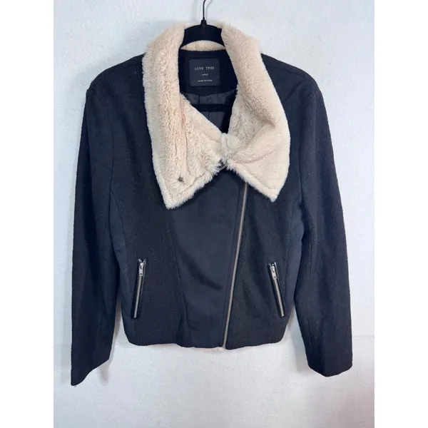 Love Tree Faux Fur Trim Biker Jacket Women Large Black‎ Moto Asymmetrical Zip - Image 2