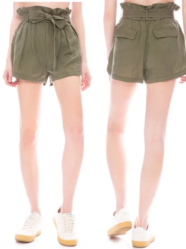 FRAME Denim Paperbag Pocket High Rise Linen Blend Shorts Army Green - Image 2