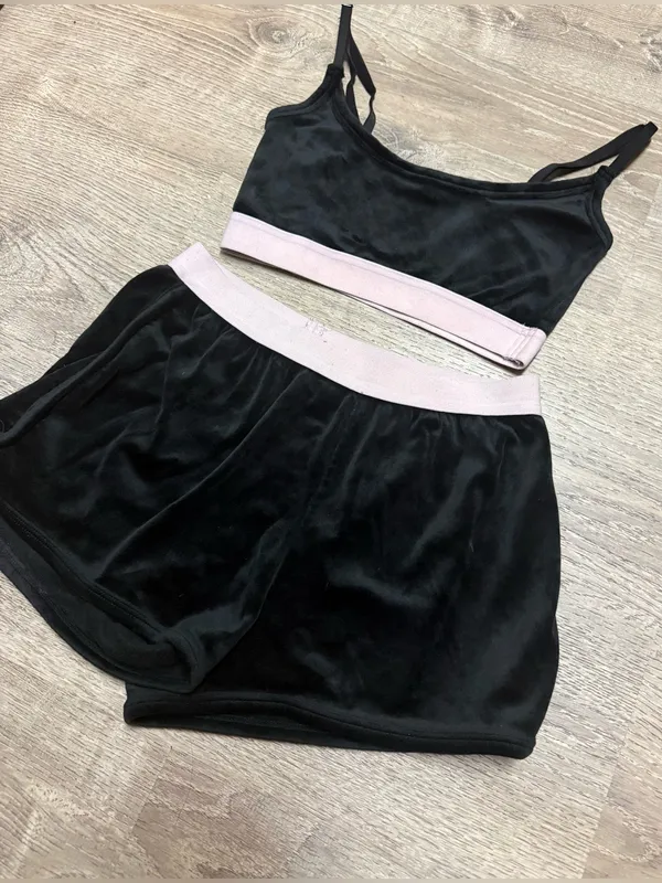 Forever 21 Velour Lounge Set Black Pink Crop Cami & Shorts Pajama Small - Image 4