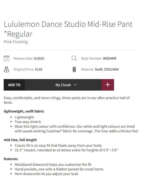 NWT Lululemon Dance Studio Mid-Rise Pant *Regular in Pink Frosting Track Pants 4 - Image 7