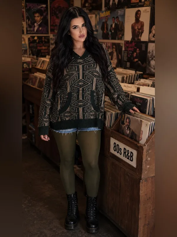 Free People Aztec Print Hoodie Sweater Moss Green Cream Oversized M - Image 9