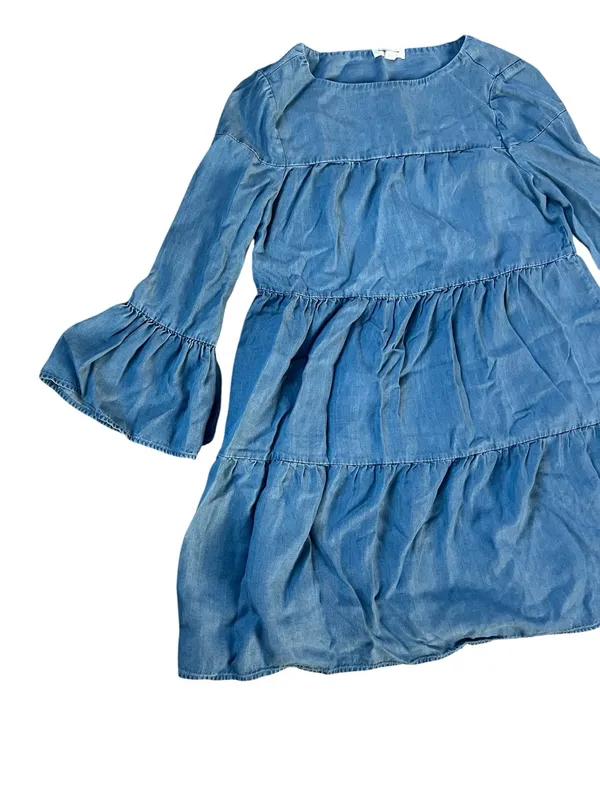beachlunchlounge Light Blue Tiered Denim Dress with Bell Sleeves - Image 4