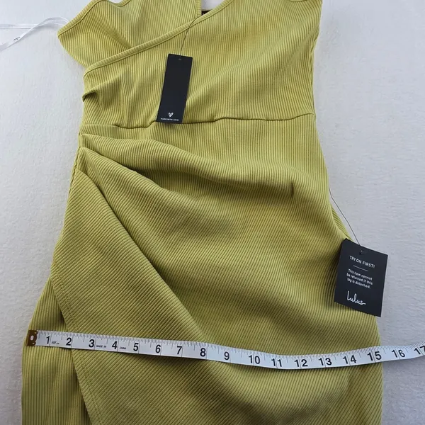 Lulus NWT Chartreuse Green One Shoulder Ribbed Ruched Midi Dress LD5016 Womens L - Image 9