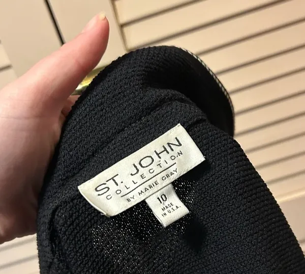 St John Collection Black Pique Knit, Dashed White Trim Zip Front Blazer Jacket - Image 3