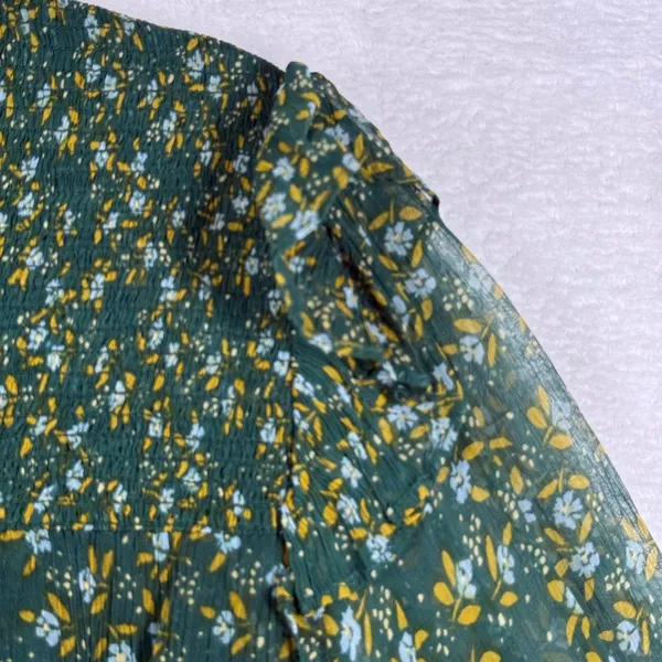 Free People Dark Green Floral Smocked Mock Neck Blouse OB1069086 M - Image 10