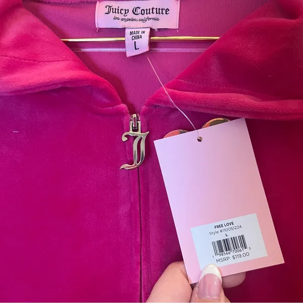 Juicy Couture Free Love Velour Zip‎ Hoodie Pink Rhinestone Logo NWT Size L - Image 5