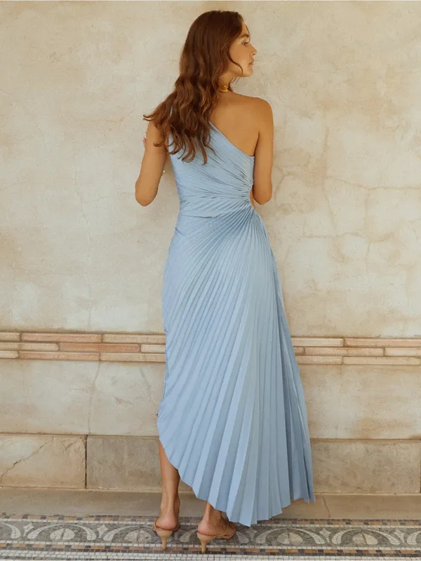 NWT o.p.t Perko Light Blue Size XS pleated one shoulder maxi Few Moda - Image 3