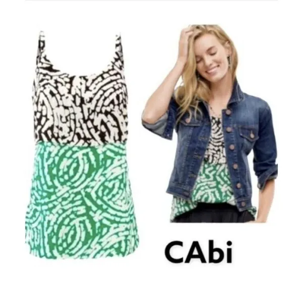 CAbi 5732 M Blouse Hobnob Cami‎ Sleeveless Tiered Tank Top Green Black Women's - Image 2