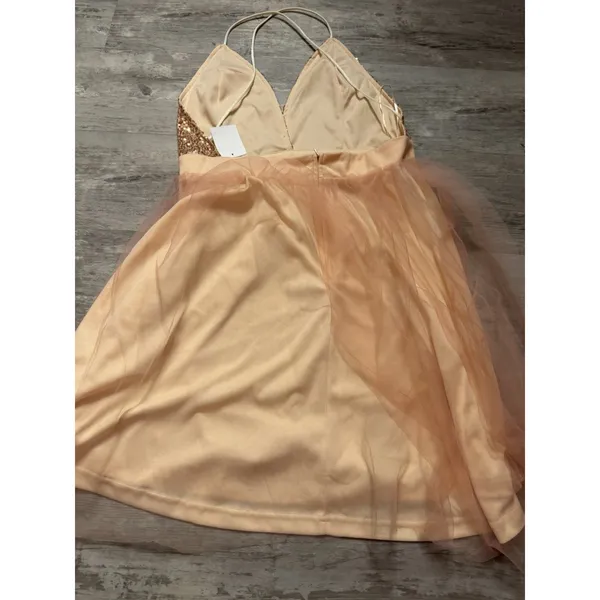 Area Rose Gold Sequin Tulle Mini Dress Peach Pink Size L Pageant Party Fit A4-31 - Image 8
