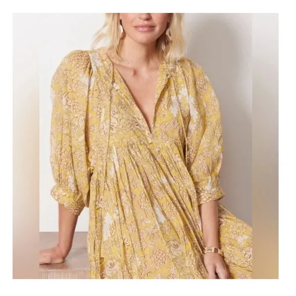 Sundry Anthropologie Floral 3/4 Sleeve Midi Dress Yellow Size 2 - Image 4
