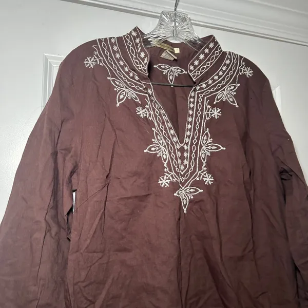 E.col.o.gie Brown Linen Cotton Embroidered Tunic Top Women Large Split Neck L - Image 2